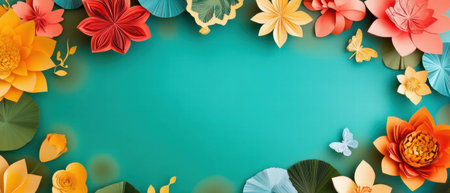 Floating lotus flowers in vibrant colors create a decorative papercut bannerの素材