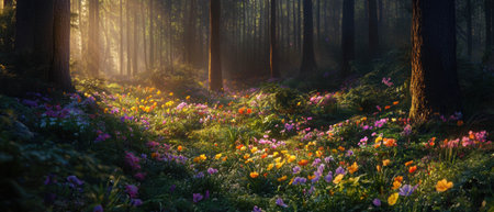 Forest floor adorned with vibrant primroses under soft morning lightの素材