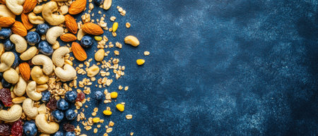 Selection of nuts and dried fruits arranged on a textured blue backgroundの素材