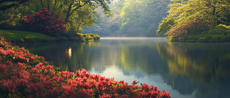 Serene lake reflecting lush greenery and vibrant flowering bushes in tranquil settingの素材