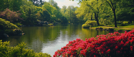 Serene lake with vibrant flowering bushes in a tranquil natural settingの素材