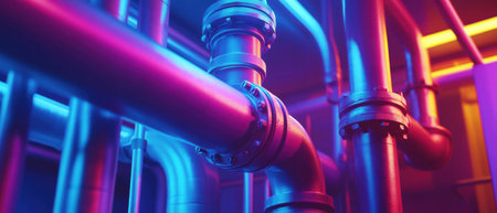 Innovative design of new plumbing pipes illuminated with vibrant colors in a detailed settingの素材