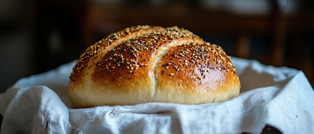 Artisanal bread with seeds resting on a linen cloth in a cozy kitchen settingの素材