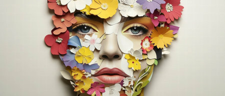 Artistic paper collage featuring vibrant floral patterns and bold color contrasts on a faceの素材