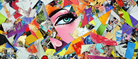 Colorful and chaotic artistic paper collage showcasing vibrant contrasts and texturesの素材
