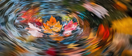 Vivid autumn foliage creates colorful reflections in serene pond watersの素材