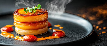 Gourmet dish showcasing a creative arrangement with vibrant colors and unique texturesの素材