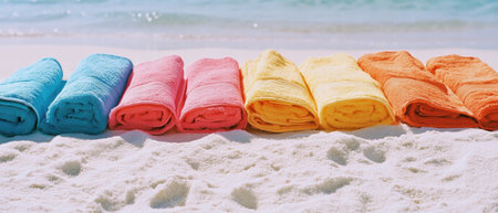 Bright beach towels arranged neatly on soft white sand by the ocean wavesの素材