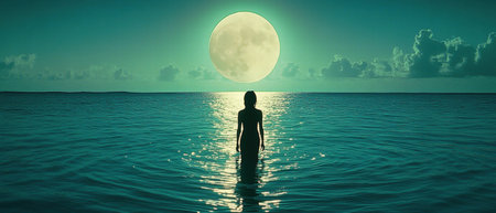 Bright full moon illuminates calm ocean waters during a tranquil nightの素材