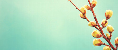 Budding branches reaching for the clear blue sky in soft, vivid lightingの素材