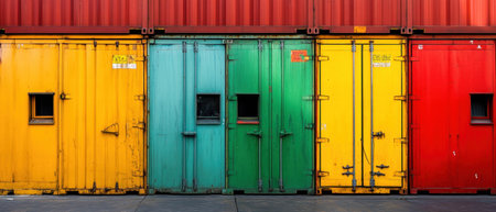 Vibrant cargo containers unloading at a busy shipping dock in bright morning lightの素材