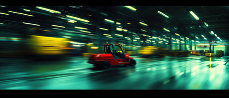 Cargo handling equipment in vibrant motion within a bustling warehouse environmentの素材