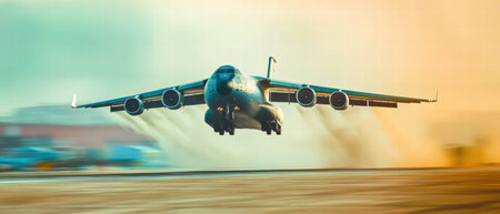 Cargo plane lifts off against a vibrant sunset sky with striking contrastの素材