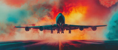 Vibrant cargo plane takes off against a dramatic sky with contrasting colorsの素材