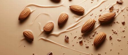 Chocolate milk droplets surround almond nuts on a beige surface creating a tempting dessert sceneの素材