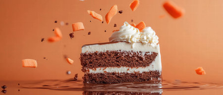 Chocolate milk droplets create a sweet spectacle around carrot cake slice on orange backgroundの素材