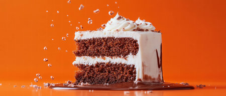 Chocolate milk droplets cascade around a slice of carrot cake on a vibrant orange backgroundの素材