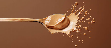 Rich chocolate milk splash with a spoonful of creamy peanut butter on brown backdropの素材