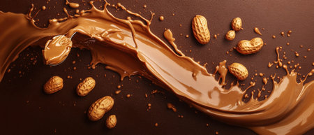 Rich chocolate milk splash with peanut butter on a deep brown backgroundの素材