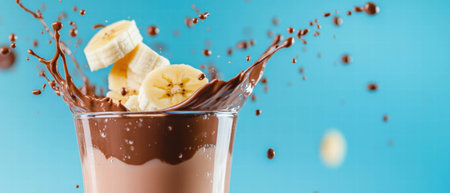 Chocolate milk splash with banana slices creates a vibrant display on blue backgroundの素材