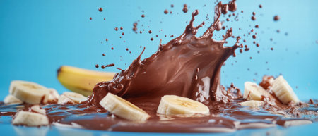 Chocolate milk splash with banana on vibrant blue background creates an eye-catching sceneの素材