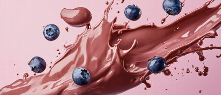 Chocolate milk splash with blueberries on a vibrant violet background captures a dynamic momentの素材