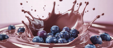 Chocolate milk splash captures dynamic movement with blueberries on a violet backgroundの素材