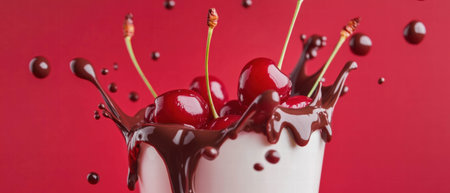 Rich chocolate milk splashes with bright cherries against a vivid red backdropの素材