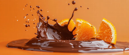 Delicious chocolate milk splash with vibrant orange segments on citrus backdropの素材