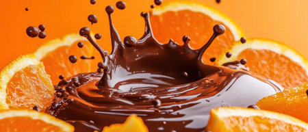 Chocolate milk splash surrounded by juicy orange segments on vibrant citrus backgroundの素材