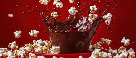 Chocolate milk splashes amidst floating popcorn on a vibrant red backgroundの素材