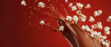 Splash of chocolate milk with popcorn on a cinema-inspired red backgroundの素材