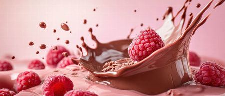 Chocolate milk splash with fresh raspberries on a vibrant pink backgroundの素材