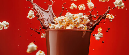 Chocolate milk splashes dramatically with popcorn on a vibrant cinema-red surfaceの素材
