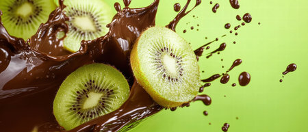 Chocolate milk splash with vibrant kiwi slices on a bright green backgroundの素材