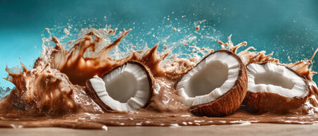 Chocolate milk wave splashing over coconut shreds in a tropical paradise settingの素材