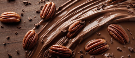 Indulging in smooth chocolate milk wave swirled with pecan nuts on wooden backgroundの素材