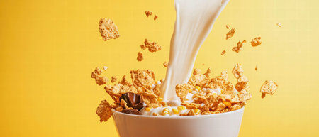 Pouring chocolate milk over crunchy cornflakes on a bright yellow backgroundの素材