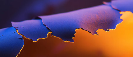 Close-up view of vibrant colors on a torn edge of paper showcasing intricate texturesの素材