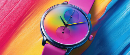 Close-up of a vibrant watch against a colorful textured backgroundの素材
