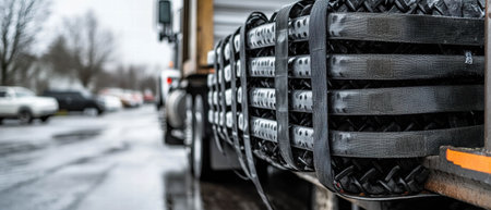 Cargo straps secure a heavy load on a truck in vibrant colors and sharp contrastの素材