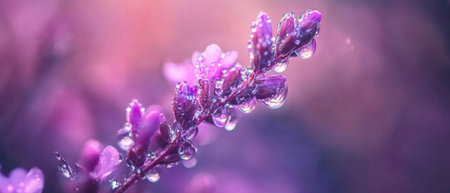 Close-up view of dew droplets resting on vibrant green grass blades in morning lightの素材