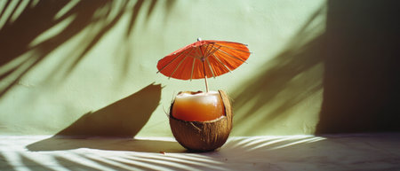 Coconut cocktail with straw and umbrella in tropical setting captures summertime vibesの素材
