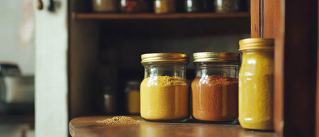 Colorful assortment of spices displayed in jars on a wooden shelf in a cozy kitchenの素材