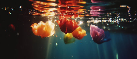 Colorful coral reef teeming with marine life and vibrant corals near the ocean surfaceの素材