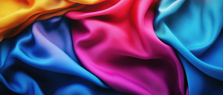 Vibrant collection of colorful fabric swatches creatively arranged for artistic displayの素材