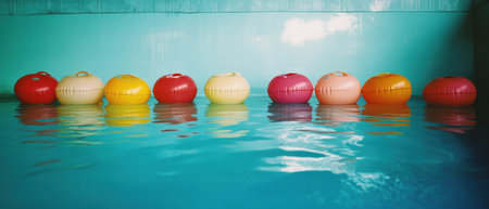 Colorful pool floaties create a vibrant display in a blue swimming pool under bright sunlightの素材