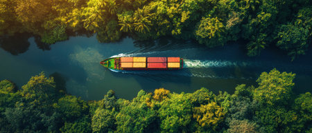Container ship traverses lush canal surrounded by vibrant greenery at sunsetの素材