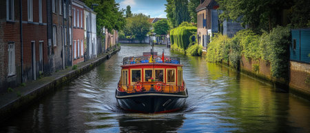 Container ship navigates through a vibrant canal under clear skiesの素材