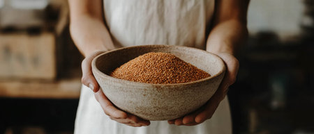 Cooked grains served in a rustic bowl held by a person in a natural settingの素材